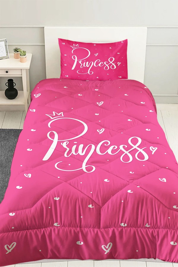Pembe Beyaz Prenses Yazılı Desenli Kız Çocuk Tek Kişilik Kapitoneli Yorgan Yastık Kılıflı Pembe Beyaz Prenses Yazılı Desenli Kız Çocuk Tek Kişilik Kapitoneli Yorgan Yastık Kılıflı