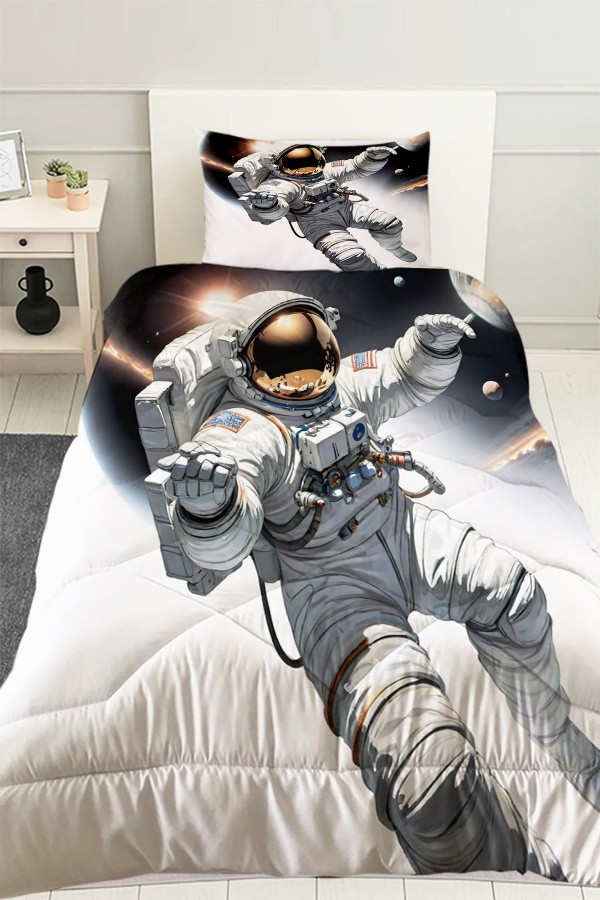 Astronot Kozmonot Desenli Erkek Çocuk Tek Kişilik Kapitoneli Yorgan Yastık Kılıflı Astronot Kozmonot Desenli Erkek Çocuk Tek Kişilik Kapitoneli Yorgan Yastık Kılıflı