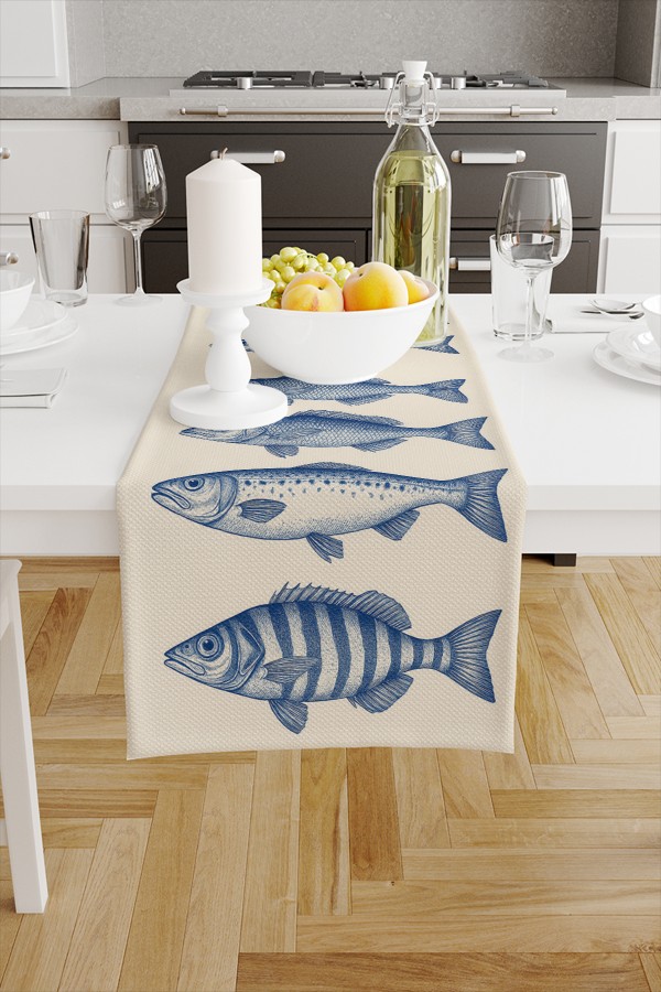 Mavi Balıklar Desenli Dijital Baskı Yıkanabilir Dekoratif Runner 40x140cm Mavi Balıklar Desenli Dijital Baskı Yıkanabilir Dekoratif Runner 40x140cm