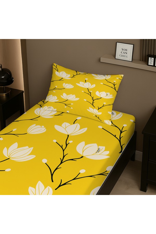 Sarı Beyaz Çiçekler Desenli Lastikli Tek Kişilik Çarşaf Takımı Yastık Kılıflı 100x200cm Sarı Beyaz Çiçekler Desenli Lastikli Tek Kişilik Çarşaf Takımı Yastık Kılıflı 100x200cm