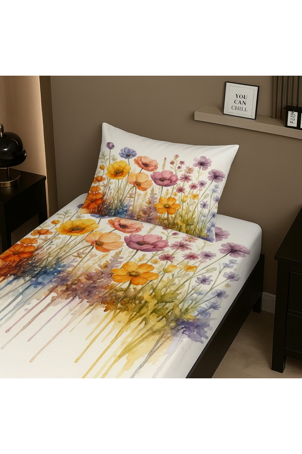 Suluboya Çiçekler Desenli Lastikli Tek Kişilik Çarşaf Takımı Yastık Kılıflı 100x200cm Suluboya Çiçekler Desenli Lastikli Tek Kişilik Çarşaf Takımı Yastık Kılıflı 100x200cm