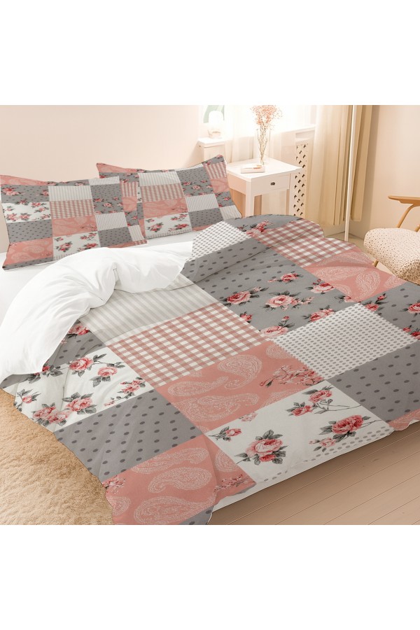 Gri Pembe Retro Çiçek Desenli Pamuk Saten Çift Kişilik Nevresim Takımı 200x220cm Gri Pembe Retro Çiçek Desenli Pamuk Saten Çift Kişilik Nevresim Takımı 200x220cm