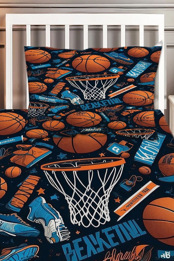Basketbol Topları Desenli Erkek Çocuk Tek Kişilik Dekoratif Yatak Örtüsü Yastık Kılıflı Basketbol Topları Desenli Erkek Çocuk Tek Kişilik Dekoratif Yatak Örtüsü Yastık Kılıflı