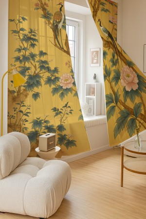 Sarı Turna Kuşu Çiçekler Desenli Çift Kanatlı Tül Perde Oturma Odası Salon Mutfak 140x260cm Sarı Turna Kuşu Çiçekler Desenli Çift Kanatlı Tül Perde Oturma Odası Salon Mutfak 140x260cm