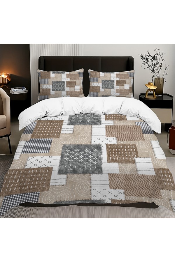 Kahverengi Geometrik Retro Desenli Pamuk Saten Çift Kişilik Nevresim Takımı 200x220cm