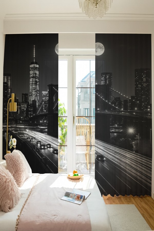 New York Gece Manzaralı Şehir Silüeti Desenli Çift Kanatlı Tül Perde Oturma Odası Salon Mutfak