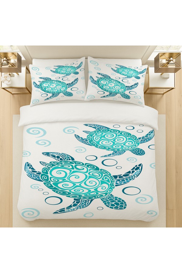 Turkuaz Caretta Kaplumbağa Desenli Pamuk Saten Çift Kişilik Nevresim Takımı 200x220cm Turkuaz Caretta Kaplumbağa Desenli Pamuk Saten Çift Kişilik Nevresim Takımı 200x220cm