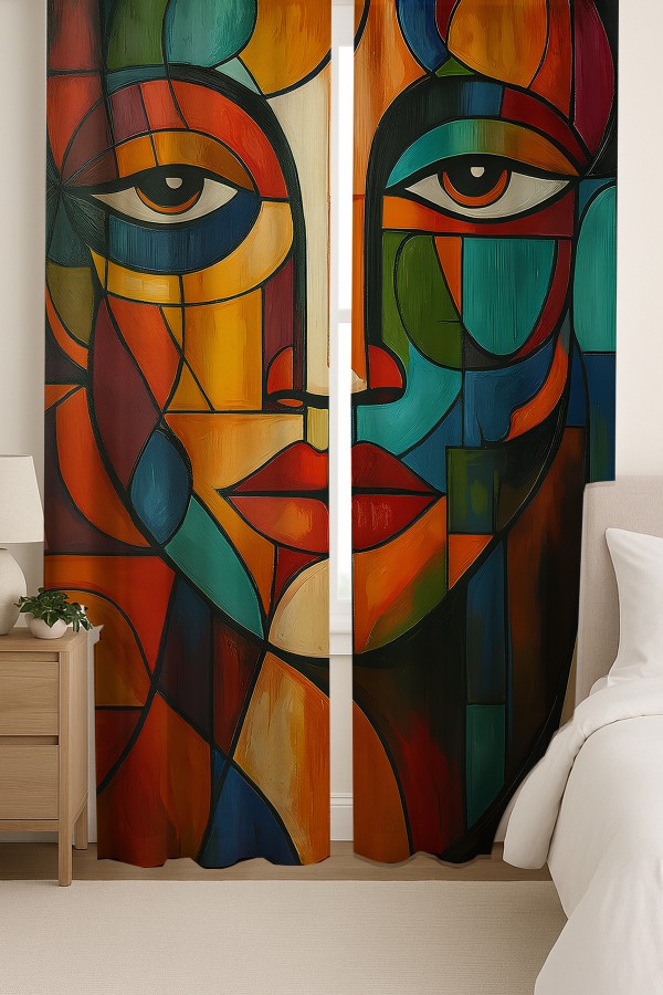 Soyut Yüz Desenli Çift Kanatlı Fon Perde Süet Oturma Odası Salon Mutfak 140x260cm