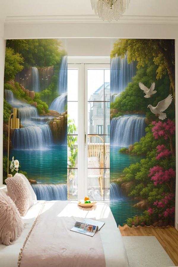Doğa Manzaralı Şelale Kuş Desenli Çift Kanatlı Tül Perde Oturma Odası Salon Mutfak 140x260cm Doğa Manzaralı Şelale Kuş Desenli Çift Kanatlı Tül Perde Oturma Odası Salon Mutfak 140x260cm