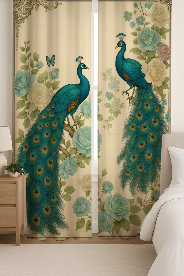 Vintage Tavus Kuşu Desenli Çift Kanatlı Fon Perde Süet Oturma Odası Salon Mutfak 140x260cm