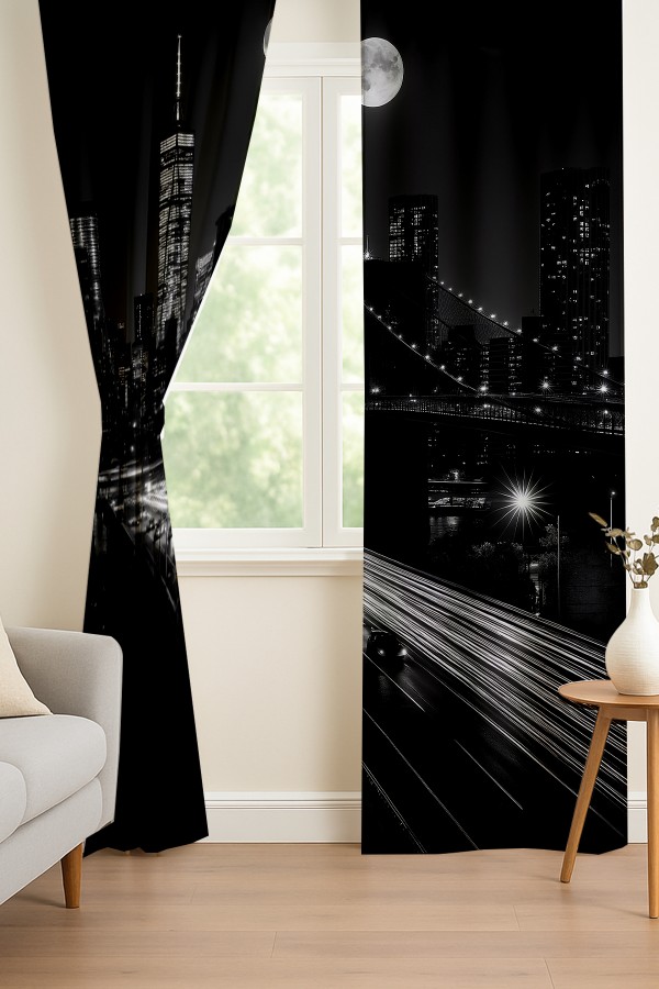 New York Gece Manzaralı Şehir Silüeti Desenli Çift Kanatlı Fon Perde Süet Oturma Odası Salon Mutfak