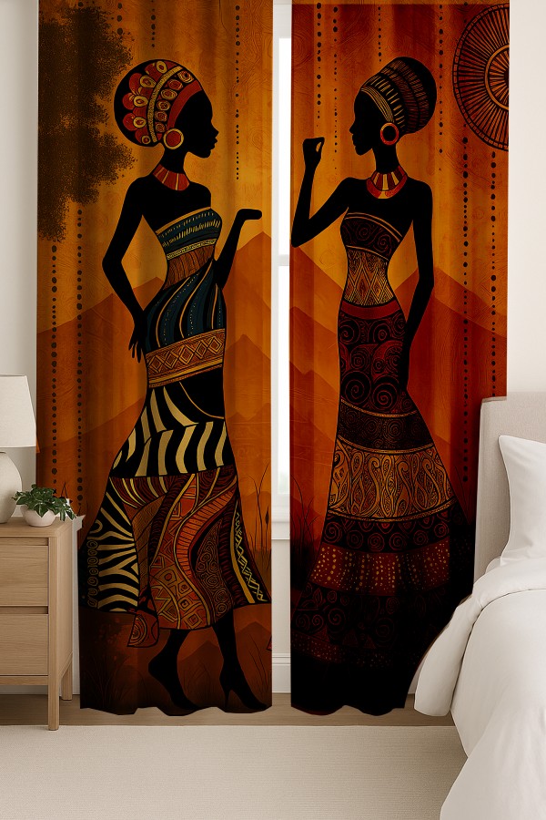 Afrika Etnik Kadın Desenli Çift Kanatlı Fon Perde Süet Oturma Odası Salon Mutfak 140x260cm
