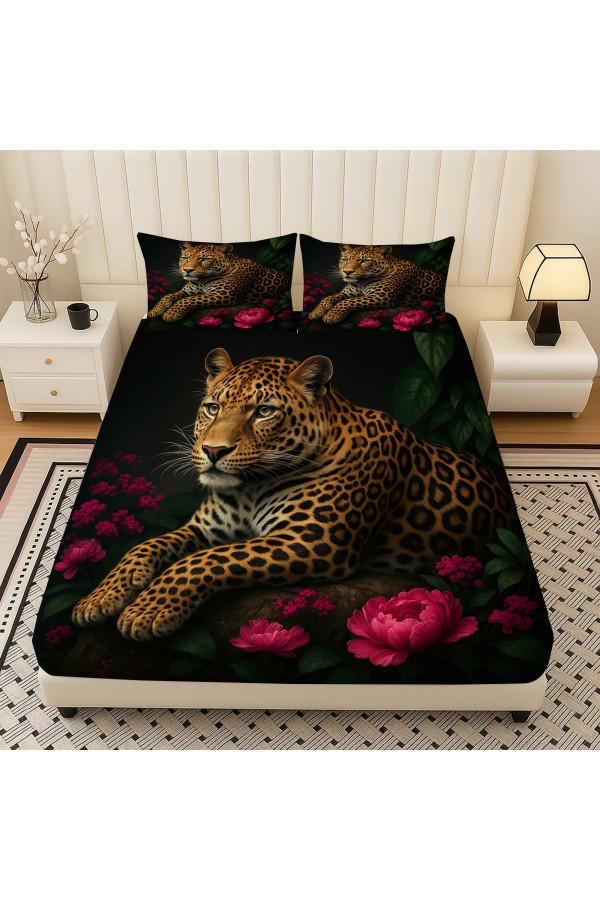 Leopar Gül Desenli Lastikli Çift Kişilik Çarşaf Takımı Yastık Kılıflı 160x200cm