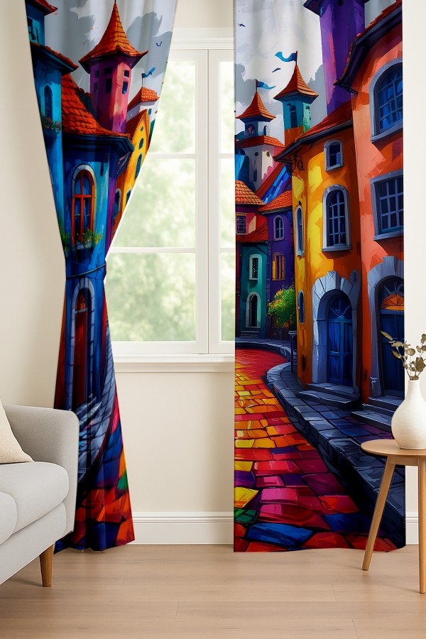 Renkli Sokak Manzaralı Desenli Çift Kanatlı Fon Perde Süet Oturma Odası Salon Mutfak 140x260cm