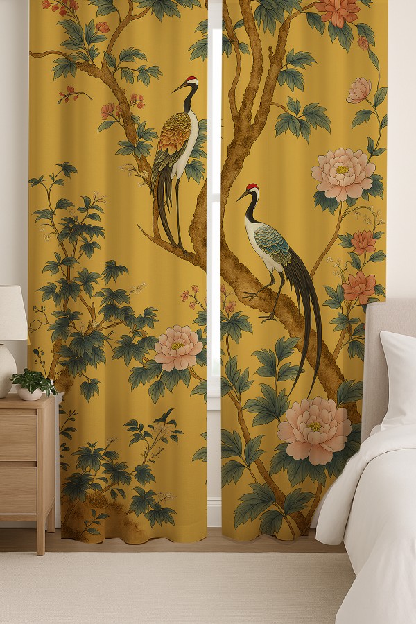 Sarı Turna Kuşu Çiçekler Desenli Çift Kanatlı Fon Perde Süet Oturma Odası Salon Mutfak 140x260cm