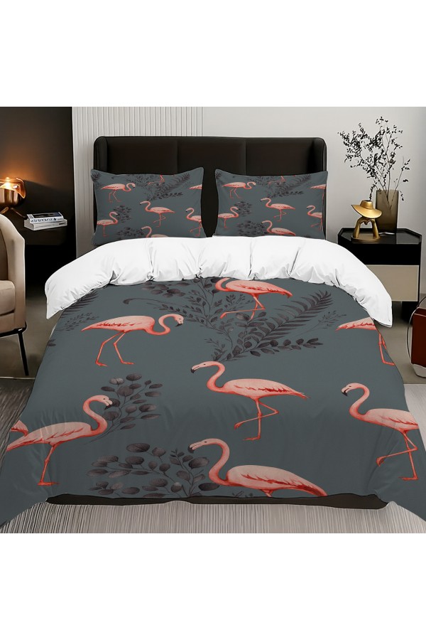Pembe Flamingo Gri Desenli Pamuk Saten Çift Kişilik Nevresim Takımı 200x220cm Pembe Flamingo Gri Desenli Pamuk Saten Çift Kişilik Nevresim Takımı 200x220cm