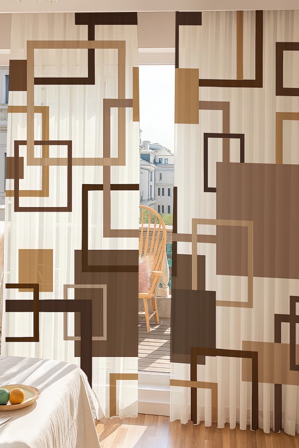 Kahverengi Geometrik Kare Desenli Çift Kanatlı Tül Perde Oturma Odası Salon Mutfak 140x260cm