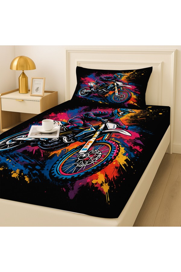 Renkli Motorcu Desenli Lastikli Tek Kişilik Çarşaf Takımı Yastık Kılıflı 100x200cm Renkli Motorcu Desenli Lastikli Tek Kişilik Çarşaf Takımı Yastık Kılıflı 100x200cm