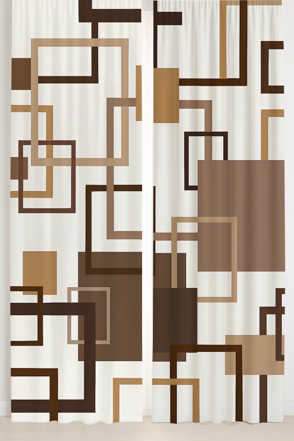 Kahverengi Geometrik Kare Desenli Çift Kanatlı Fon Perde Süet Oturma Odası Salon Mutfak 140x260cm
