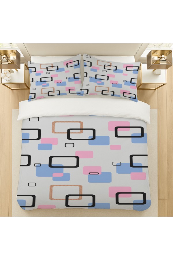 Mavi Pembe Geometrik Desenli Pamuk Saten Çift Kişilik Nevresim Takımı 200x220cm Mavi Pembe Geometrik Desenli Pamuk Saten Çift Kişilik Nevresim Takımı 200x220cm