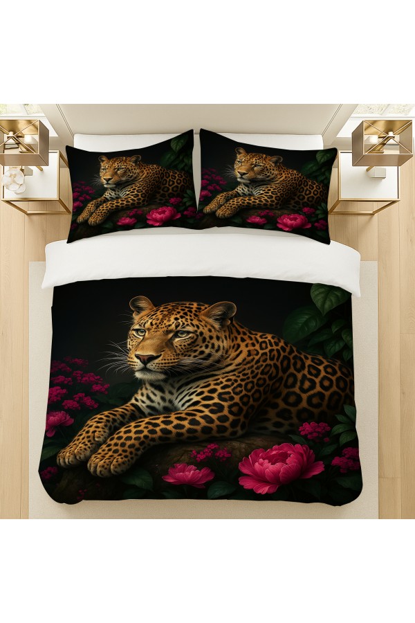 Leopar Gül Desenli Pamuk Saten Çift Kişilik Nevresim Takımı 200x220cm Leopar Gül Desenli Pamuk Saten Çift Kişilik Nevresim Takımı 200x220cm
