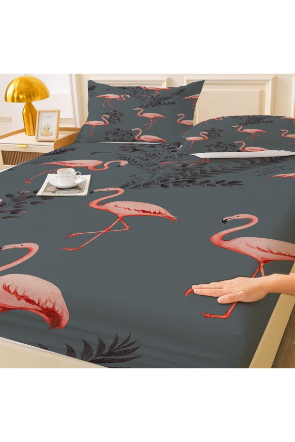 Pembe Flamingo Gri Desenli Lastikli Çift Kişilik Çarşaf Takımı Yastık Kılıflı 160x200cm