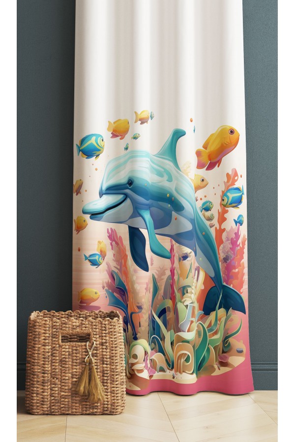 Balıklar Yunus Deniz Desenli Kız Çocuk Odası Fon Perde 140x260cm Balıklar Yunus Deniz Desenli Kız Çocuk Odası Fon Perde 140x260cm