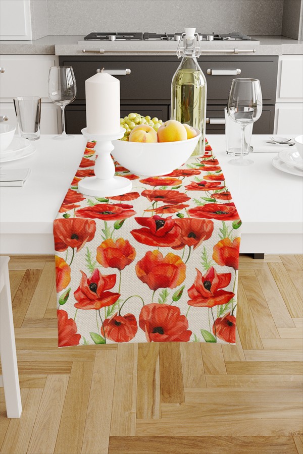 Kırmızı Gelincik Çiçek Desenli Dijital Baskı Yıkanabilir Dekoratif Runner 40x140cm Kırmızı Gelincik Çiçek Desenli Dijital Baskı Yıkanabilir Dekoratif Runner 40x140cm