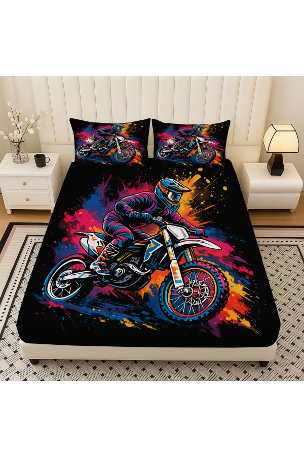 Renkli Motorcu Desenli Lastikli Çift Kişilik Çarşaf Takımı Yastık Kılıflı 160x200cm Renkli Motorcu Desenli Lastikli Çift Kişilik Çarşaf Takımı Yastık Kılıflı 160x200cm