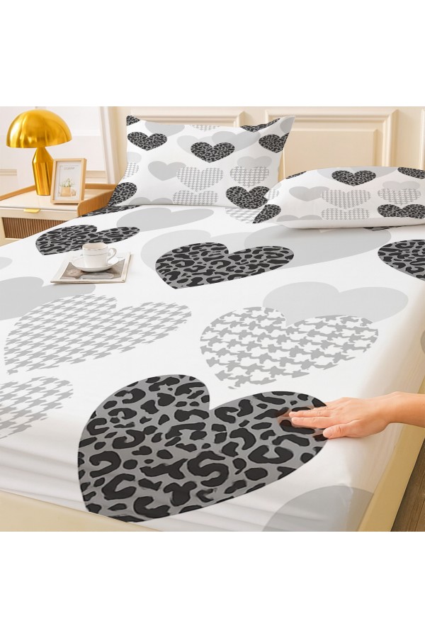 Gri Siyah Kalpler Desenli Lastikli Çift Kişilik Çarşaf Takımı Yastık Kılıflı 160x200cm