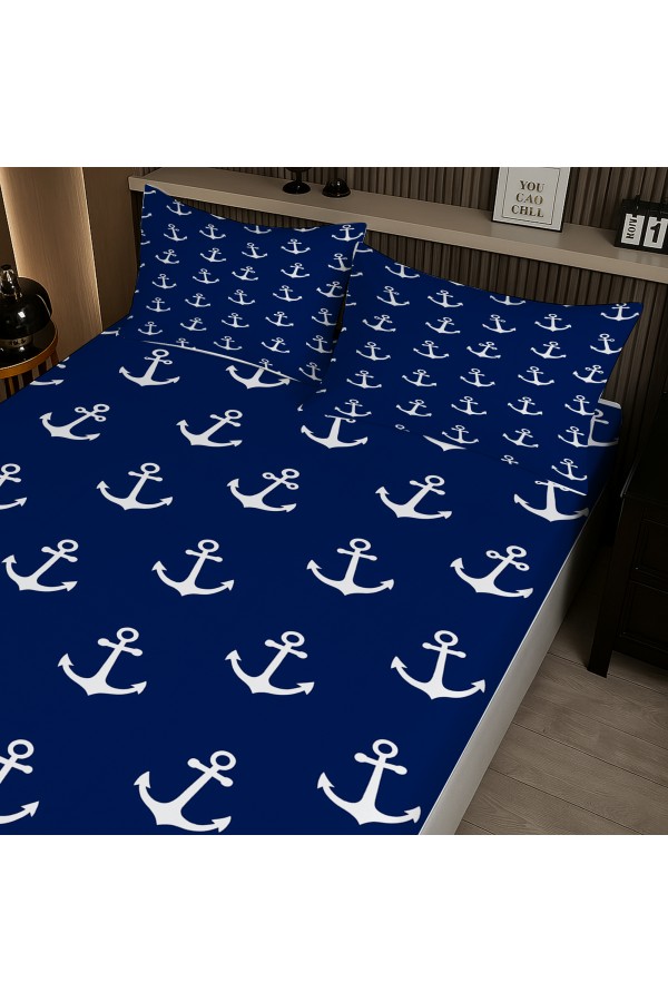 Mavi Denizci Çapa Desenli Lastikli Çift Kişilik Çarşaf Takımı Yastık Kılıflı 160x200cm