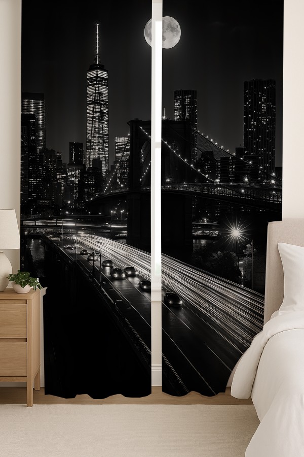 New York Gece Manzaralı Şehir Silüeti Desenli Çift Kanatlı Fon Perde Süet Oturma Odası Salon Mutfak