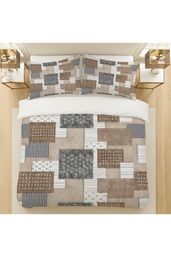 Kahverengi Geometrik Retro Desenli Pamuk Saten Çift Kişilik Nevresim Takımı 200x220cm