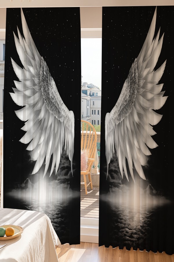 Melek Kanadı Siyah Beyaz Desenli Çift Kanatlı Tül Perde Oturma Odası Salon Mutfak 140x260cm Melek Kanadı Siyah Beyaz Desenli Çift Kanatlı Tül Perde Oturma Odası Salon Mutfak 140x260cm