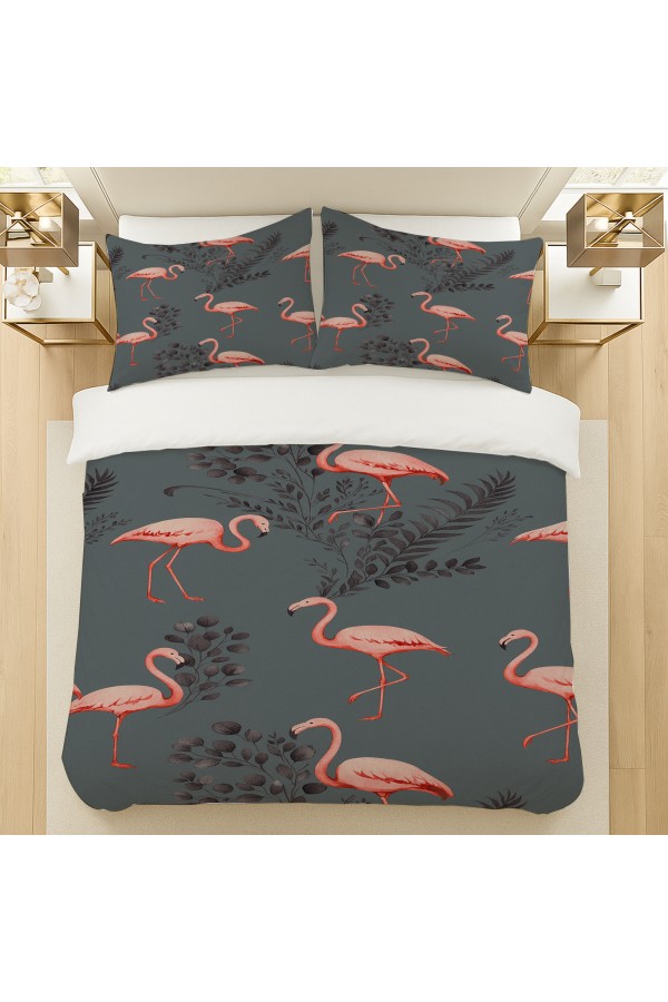 Pembe Flamingo Gri Desenli Pamuk Saten Çift Kişilik Nevresim Takımı 200x220cm Pembe Flamingo Gri Desenli Pamuk Saten Çift Kişilik Nevresim Takımı 200x220cm