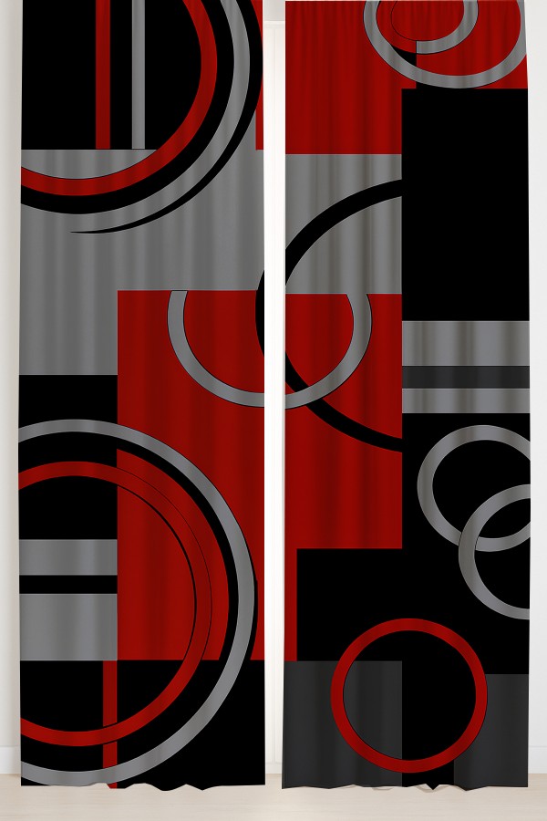 Kırmızı Siyah Gri Geometrik Desenli Çift Kanatlı Fon Perde Süet Oturma Odası Salon Mutfak 140x260cm