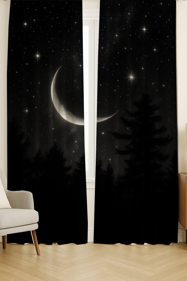 Gece Manzaralı Ay ve Yıldız Desenli Çift Kanatlı Fon Perde Süet Oturma Odası Salon Mutfak 140x260cm