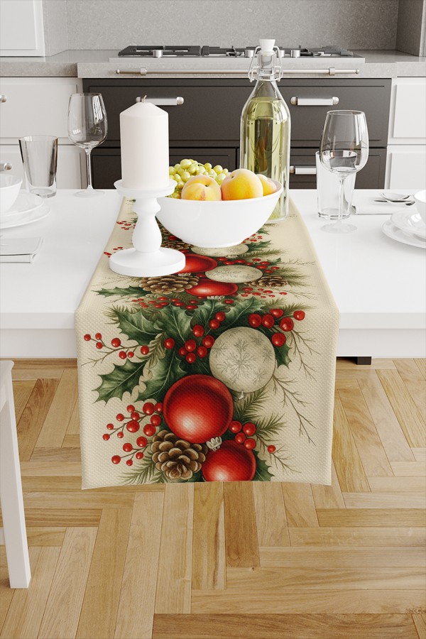 Yılbaşı Ağaç Süsleri Desenli Dijital Baskı Yıkanabilir Dekoratif Runner 40x140cm Yılbaşı Ağaç Süsleri Desenli Dijital Baskı Yıkanabilir Dekoratif Runner 40x140cm
