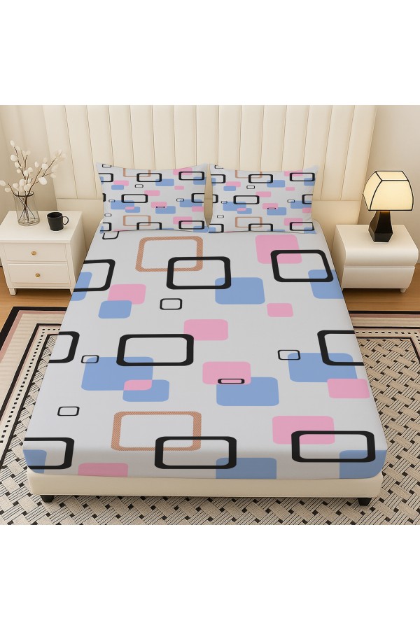 Mavi Pembe Geometrik Desenli Lastikli Çift Kişilik Çarşaf Takımı Yastık Kılıflı 160x200cm