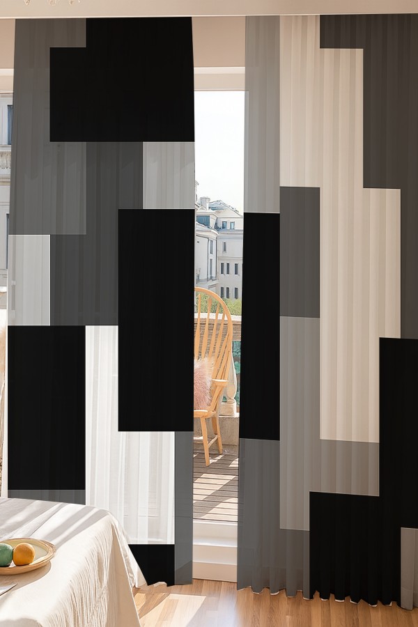 Siyah Gri Blok Geometrik Desenli Çift Kanatlı Tül Perde Oturma Odası Salon Mutfak 140x260cm