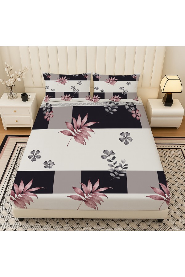 Geometrik Çiçek Desenli Lastikli Çift Kişilik Çarşaf Takımı Yastık Kılıflı 160x200cm