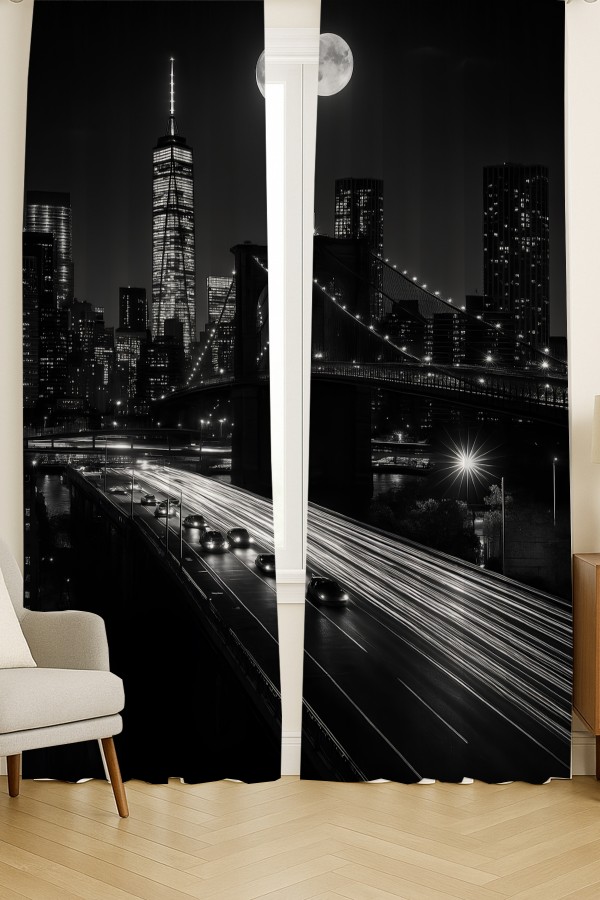 New York Gece Manzaralı Şehir Silüeti Desenli Çift Kanatlı Fon Perde Süet Oturma Odası Salon Mutfak