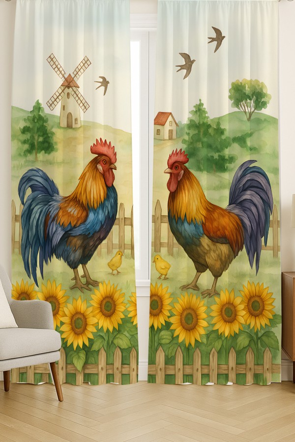 Horoz Çiftlik Desenli Çift Kanatlı Fon Perde Süet Oturma Odası Salon Mutfak 140x260cm