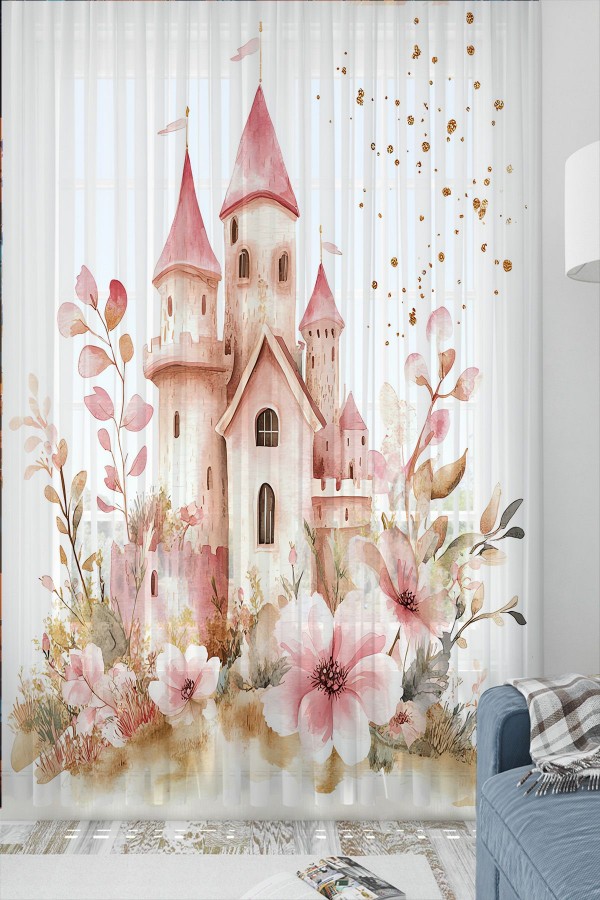 Pembe Prenses Şatolu Desenli Kız Çocuk Odası Tül Perde 140x260cm Pembe Prenses Şatolu Desenli Kız Çocuk Odası Tül Perde 140x260cm