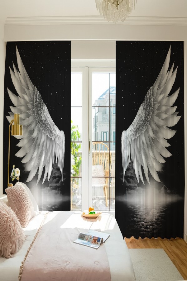 Melek Kanadı Siyah Beyaz Desenli Çift Kanatlı Tül Perde Oturma Odası Salon Mutfak 140x260cm Melek Kanadı Siyah Beyaz Desenli Çift Kanatlı Tül Perde Oturma Odası Salon Mutfak 140x260cm