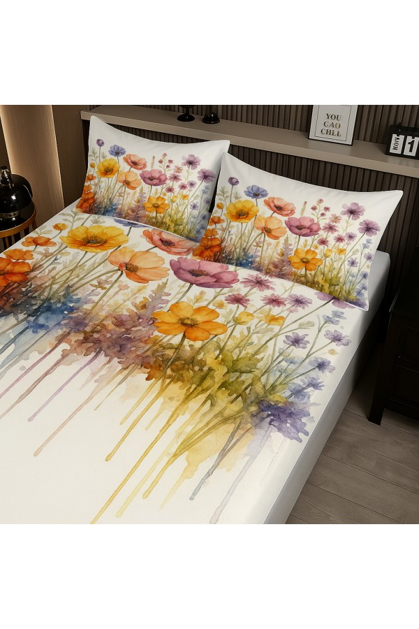 Suluboya Çiçekler Desenli Lastikli Çift Kişilik Çarşaf Takımı Yastık Kılıflı 160x200cm