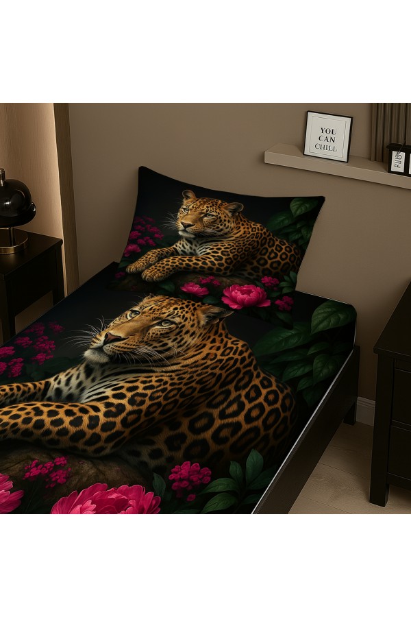 Leopar Gül Desenli Lastikli Tek Kişilik Çarşaf Takımı Yastık Kılıflı 100x200cm Leopar Gül Desenli Lastikli Tek Kişilik Çarşaf Takımı Yastık Kılıflı 100x200cm