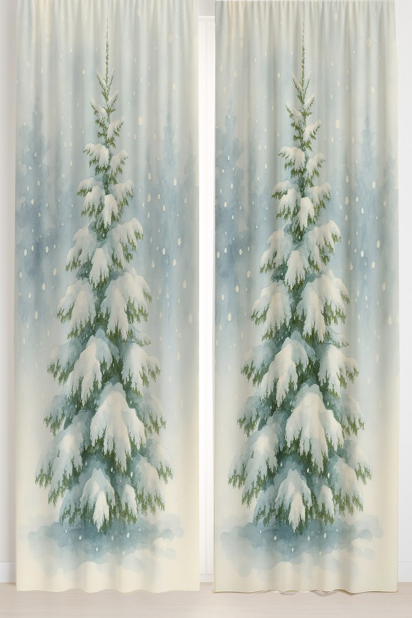 Kış Temalı Çam Ağacı Desenli Çift Kanatlı Fon Perde Süet Oturma Odası Salon Mutfak 140x260cm