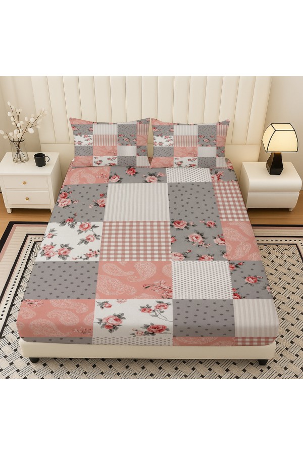 Gri Pembe Retro Çiçek Desenli Lastikli Çift Kişilik Çarşaf Takımı Yastık Kılıflı 160x200cm
