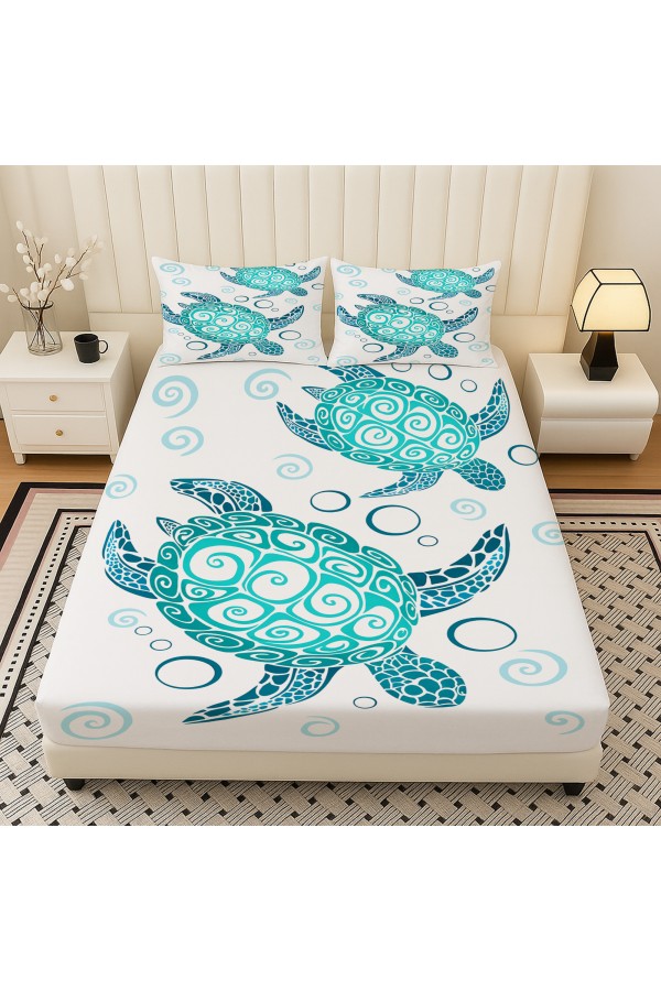 Turkuaz Caretta Kaplumbağa Desenli Lastikli Çift Kişilik Çarşaf Takımı Yastık Kılıflı 160x200cm